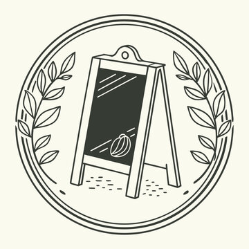 Chalkboard sign with coffee bean illustration in laurel wreath with a single cof