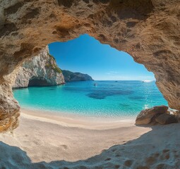 Fototapeta premium Sunlit sea cave opening framing a tranquil turquoise bay with a soft sandy beach, rocky cliffs and small boats under a clear blue sky, evoking calm and serenity