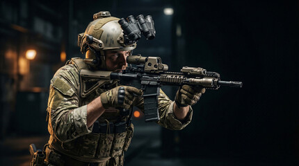 Fototapeta premium Tactical Soldier Aiming Rifle Indoor Operation 