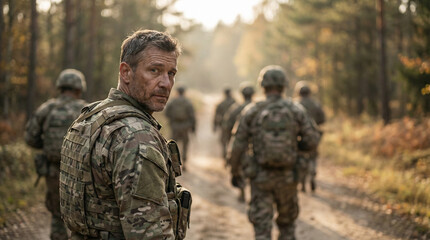 Obraz premium Soldiers Walking Through Forest Military Team Patrol