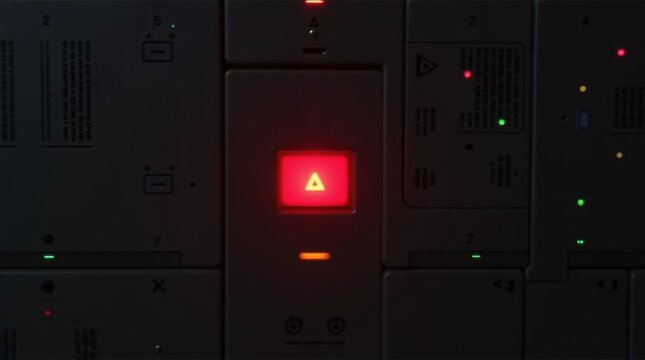 Panel de control del dispositivo con luz de advertencia roja iluminada entre indicadores inactivos, fondo oscuro, alerta del sistema