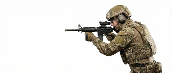 Fototapeta premium Soldier with Rifle Isolated on White Background Military Concept 