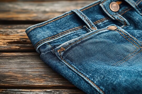 close-up of folded blue denim jeans showing front pocket, stitching and metal button on a rustic wooden surface conveying casual rugged warmth