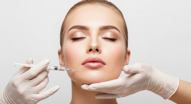 Professional female dermatologist performing facial botox injection procedure in clinic with soft lighting