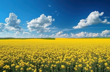Obraz premium Endless golden field of yellow blooms under a bright blue sky with fluffy white clouds, evoking a peaceful and joyful summer mood