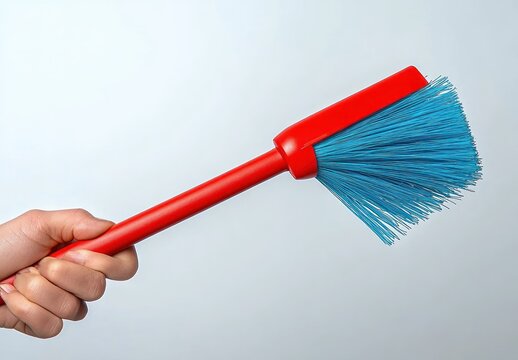 Hand holding a red-handled cleaning brush with bright blue bristles against a pale background, conveying practical readiness and cleanliness