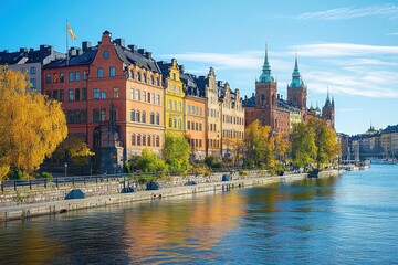 Obraz premium sunny autumn riverside with colorful historic buildings, church spires and calm reflective water, peaceful promenade and golden trees