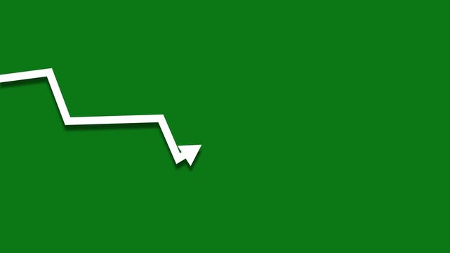 Zigzag downward arrow line animation on green screen background representing market decline, financial loss and negative trend ideal for chroma key overlays and video editing