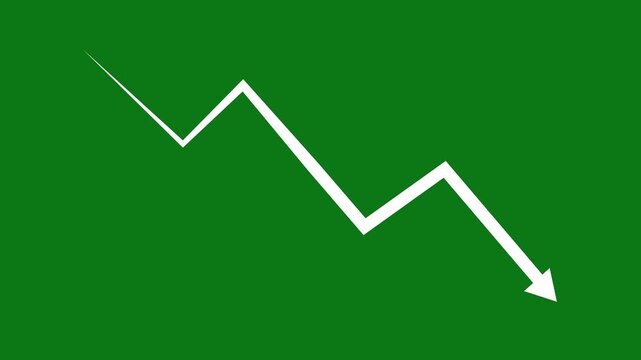 Zigzag downward arrow line animation on green screen chroma key background showing market decline, volatility and negative trend for business, finance and analytics videos in 4K.