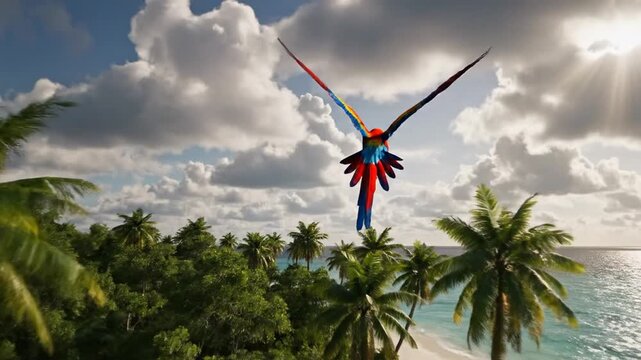 Colorful parrot soars in tropical paradise against sky and ocean