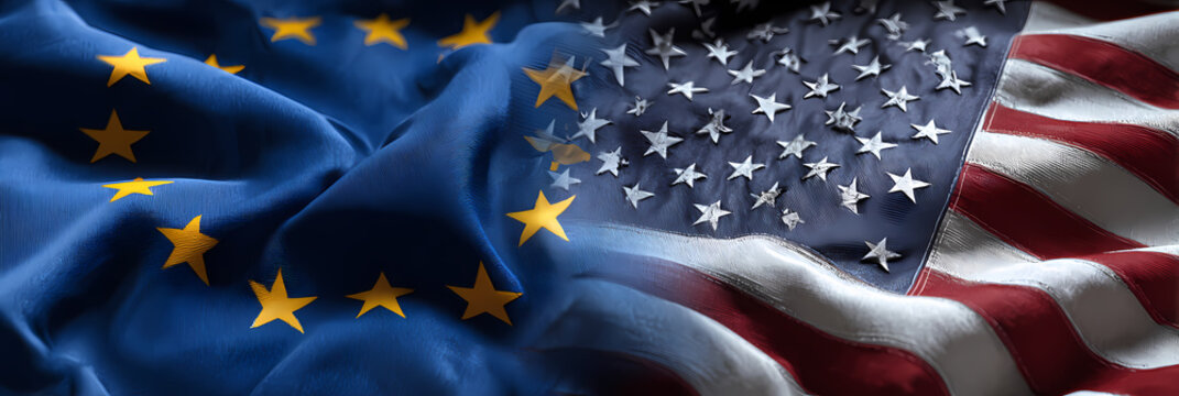 Drapeaux de l'Union europ&eacute;enne et des &Eacute;tats-Unis flottant ensemble, symbole de coop&eacute;ration internationale et de partenariat