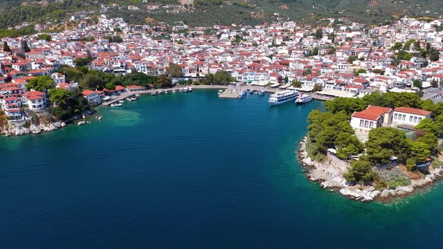 Panoramic aerial view of the old port and town of Skiathos island, Sporades, Greece, on a sunny summer day