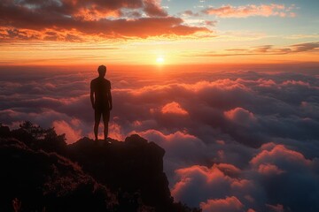 Obraz premium Silhouette of a person standing on a rocky cliff above a sea of clouds at sunrise with glowing orange sky inspiring awe and serene contemplation