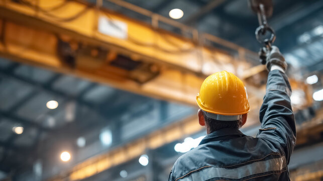 Industrial worker operating overhead crane in large factory warehouse manufacturing industry heavy machinery and engineering concept