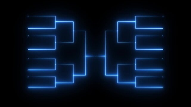 Glowing neon or outline championship single elimination tournament bracket or tree diagram isolated on neon .blue color neon line and black background . 4k video animation