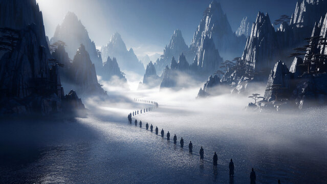 A captivating and serene mystical journey unfolds as a long procession of robed figures walk single file across a shimmering, winding path, navigating through a majestic landscape of towering,