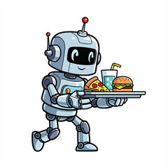 Obraz premium Friendly robot serving a tray of food including a burger, soda, and pizza, perfect for automation and food service concepts