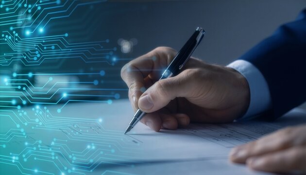 A person's hand signing a document with a pen, with digital circuit graphic
