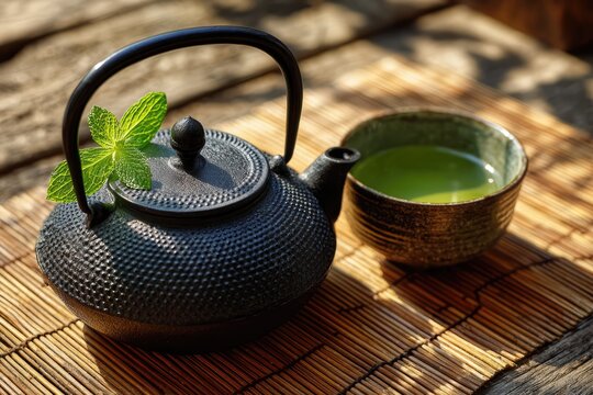 Traditional Japanese Cast Iron Teapot with Green Tea and Mint.