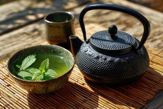 Traditional Japanese Cast Iron Teapot with Fresh Mint Tea.