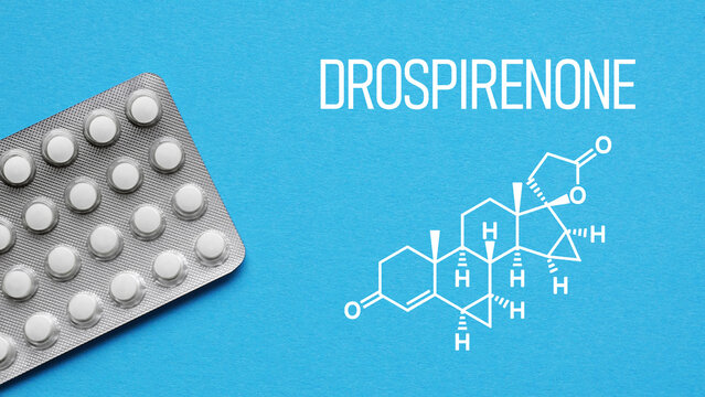 Drospirenone hormone concept, synthetic progestin used in oral contraceptives, women health, birth control medication, hormonal therapy, gynecology and pharmaceutical research background