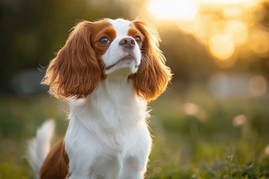 small brown and white spaniel sitting in grassy field at golden hour with attentive hopeful expression