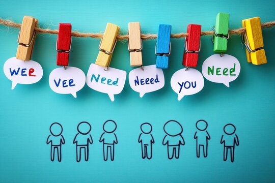 colorful wooden clothespins on twine holding paper speech bubbles spelling a friendly we need you above hand-drawn stick figures on a turquoise background, playful inviting plea