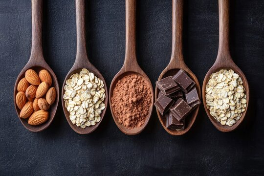 row of wooden spoons with almonds, rolled oats on two spoons, cocoa powder and dark chocolate cubes, evoking a warm, cozy, inviting baking moment