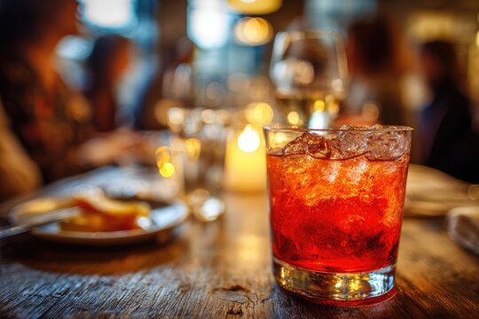 A Refreshing Red Cocktail with Ice in a Dimly Lit Bar.