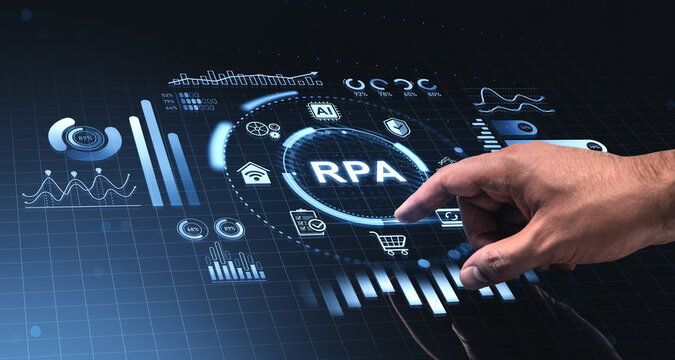 Robotic process automation interface with hand touching futuristic digital dashboard filled with data icons and analytics elements in tech environment.