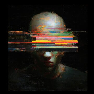 Distorted Human Face with Glitch Effect and Abstract Digital Noise.