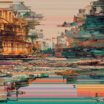 Abstract Glitch Art Cityscape with Horizontal Distortions.