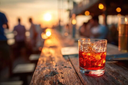 Cocktail with Ice Cubes on a Wooden Bar at Sunset.