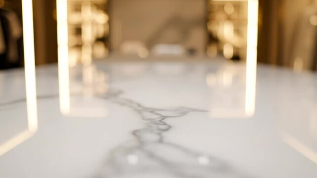 Luxurious white marble table surface with gold-lit interior design elements in a modern home