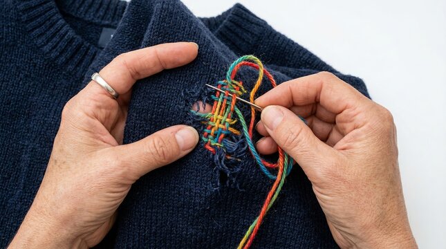Intimate closeup capturing intricate process of fixing navy knitted sweater by hand
