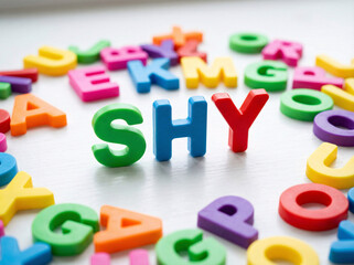 Fototapeta premium Colorful alphabet letters surround bold SHY block letters. Bright plastic letters scattered on white surface. Vibrant hues suggest playful