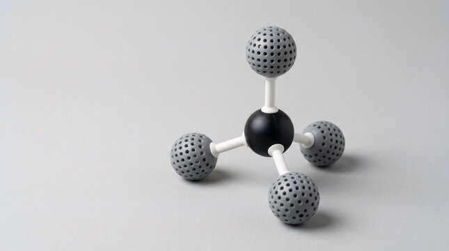 Molecule model shows carbon bonded to four hydrogen atoms. Black sphere represents central carbon atom