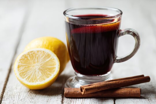 Warm Mulled Wine with Cinnamon and Lemon Slice.