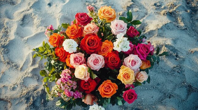 vibrant bouquet of roses in various colors, arranged on the sandy beach with an aerial view, atmosphere of romance and beauty