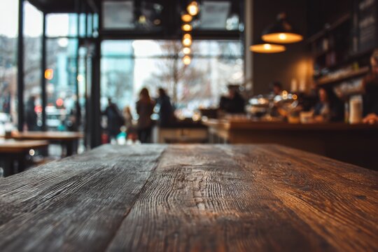 Cozy Cafe Interior with Wooden Table in Foreground.