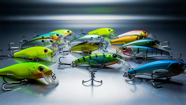 An assortment of realistic hard plastic fishing lures featuring vibrant colors shiny metallic finishes sharp treble hooks and translucent diving lips designed for effective predator fish attraction