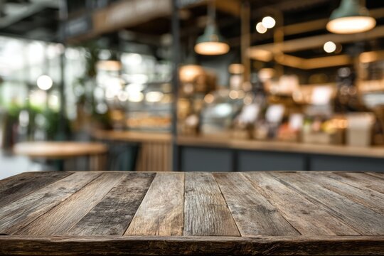 Empty Wooden Table in a Cozy Cafe Interior with Blurred Background.