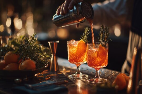 Bartender Pouring Aperol Spritz Cocktails with Orange Garnish at Bar.