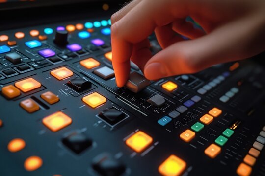 Hand adjusting illuminated faders and colorful backlit buttons on an audio mixing console, conveying focused creative concentration
