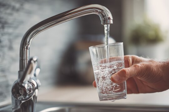 Pouring Fresh Water From Kitchen Faucet Into Clear Glass.