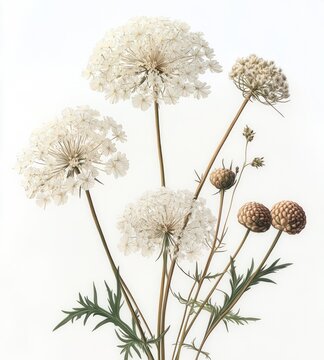 delicate white lace-like wildflower umbels with tawny round seed pods on slender stems and feathery green leaves, serene botanical composition