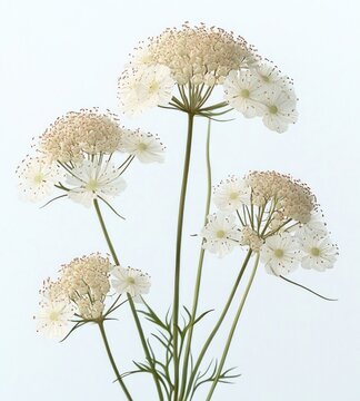 Delicate white wildflower umbels on tall green stems against a soft pale background conveying calm and airy elegance