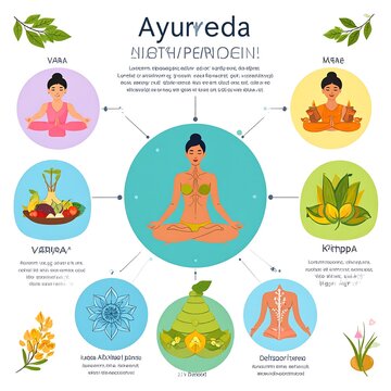 An informative illustration of Ayurveda principles featuring a central meditating figure surrounded by elements representing doshas and related concepts