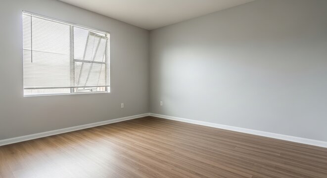 Empty unfurnished studio apartment interior with freshly painted light gray walls and wooden flooring, ready for staging or occupancy