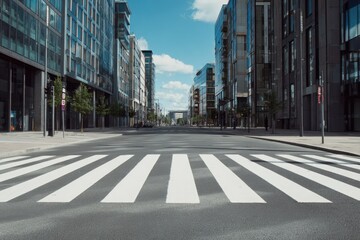 Obraz premium Empty City Street with Pedestrian Crossing and Modern Buildings.